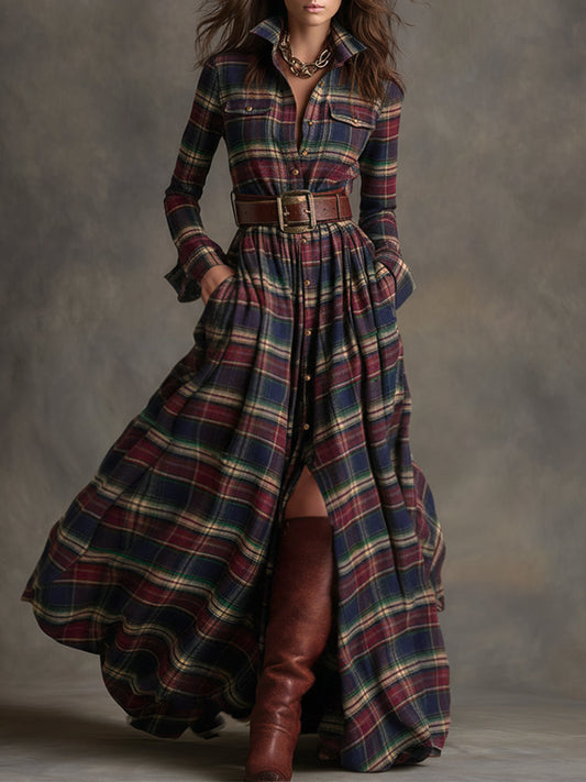 Retro Ethnic Style Lapel Plaid Maxi Dress with Waist Belt