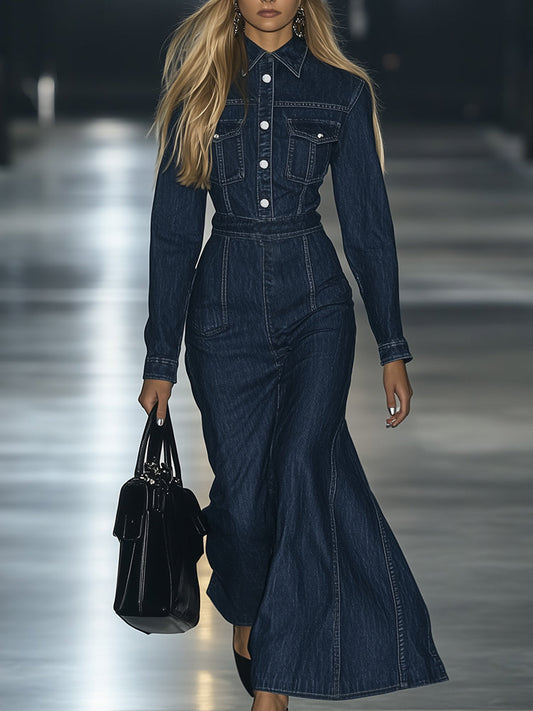 Oyrosy Vintage Long Sleeve Denim Maxi Dress With Belt