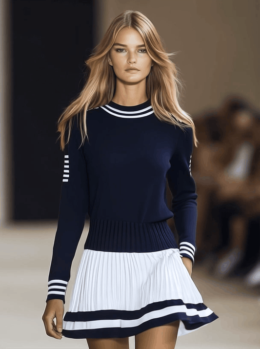 Navy Blue White Contrast Sporty Mini Dress Pleated Skirt