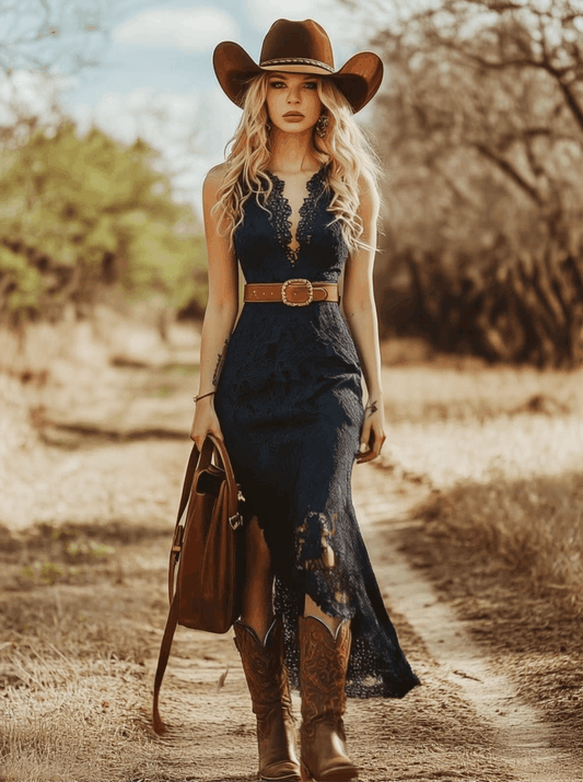 Vintage Bohemian Blue Lace Sleeveless Midi Dress for Elegant Style