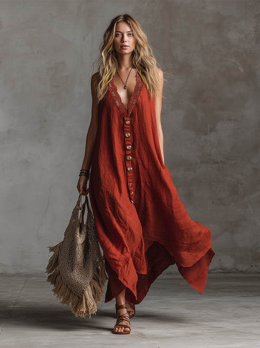 Vintage Red Cotton Linen Sleeveless Maxi Dress With Lace Trim