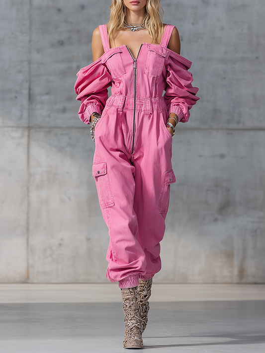 Modern Long-Sleeved Strappy Pink Denim Jumpsuit with Tapered Legs