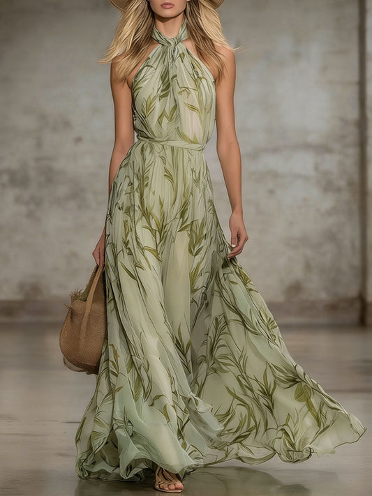 Elegant Green Leaf Print Halter Neck Sleeveless Chiffon Maxi Dress