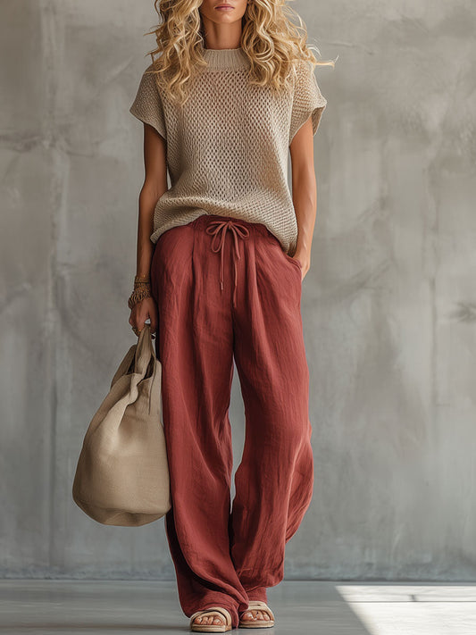 Retro Knit Top and Brick Red Linen Wide-Leg Pants Set