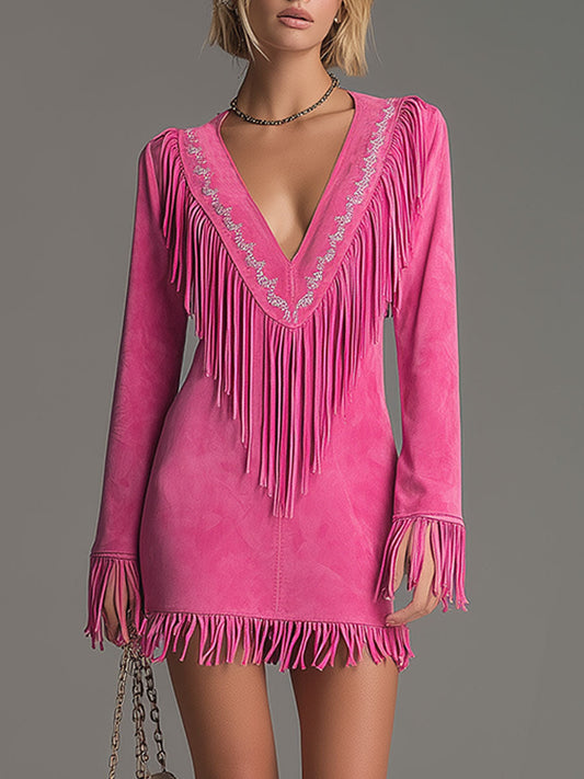 Western-style Retro Embroidered Tassel Faux Suede Mini Dress