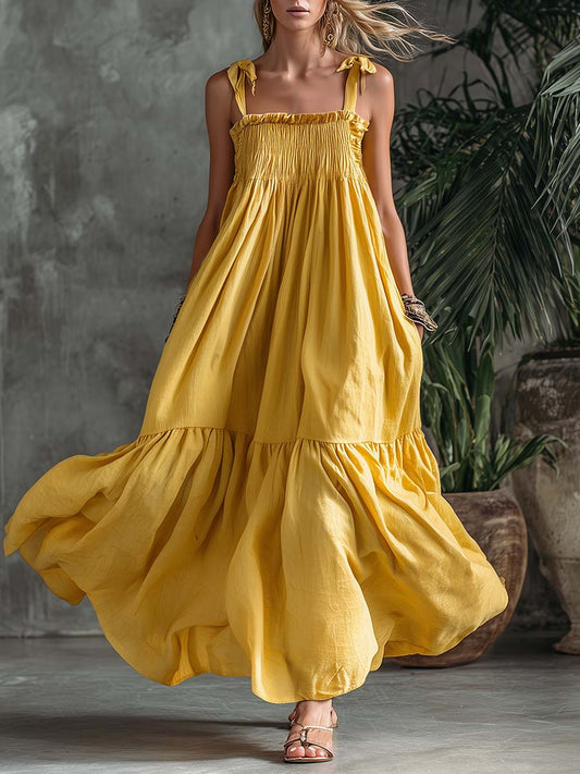 Yellow Cotton Linen Off-Shoulder Smocked Bohemian Vacation Maxi Dress