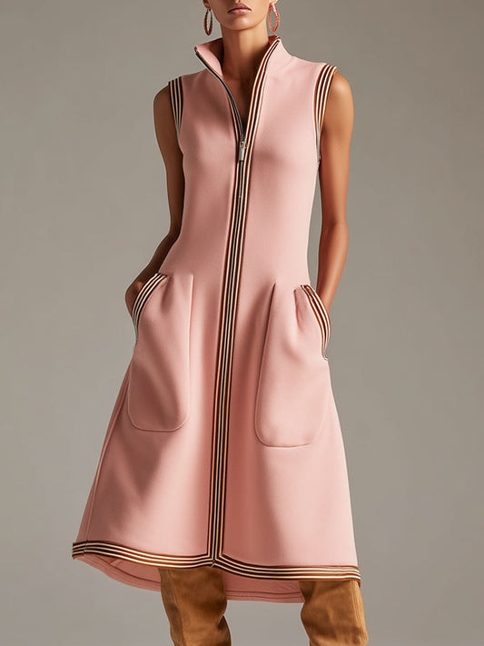 Pink Ribbed Cotton Blend Sleeveless Midi Dress with Stand Collar