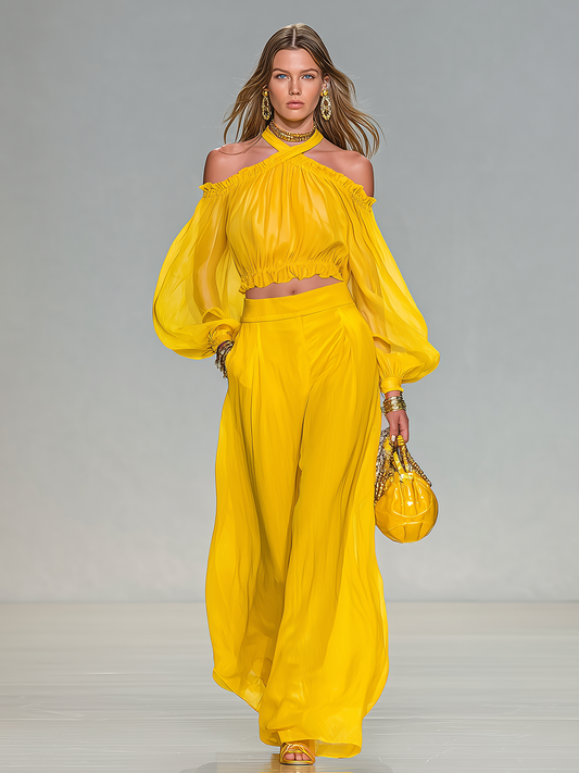 Elegant Urban Halter-Neck Chiffon Top And Wide-Leg Pants Set