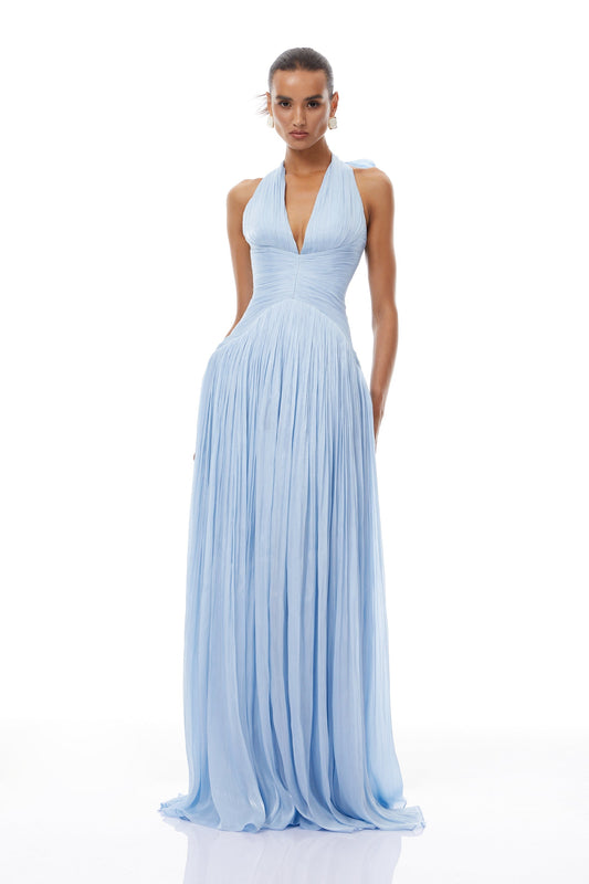 Elegant Térébenthine Blue Glossy Gathered Maxi Dress with Plunging V-Neck
