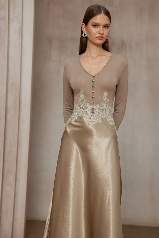 Szilvia Brown Knit Panel Satin V-Neck Long Sleeve Midi Dress