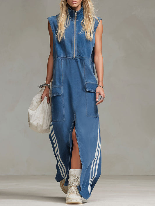 Sleeveless Denim Maxi Dress with Stand Collar and Zip Detail