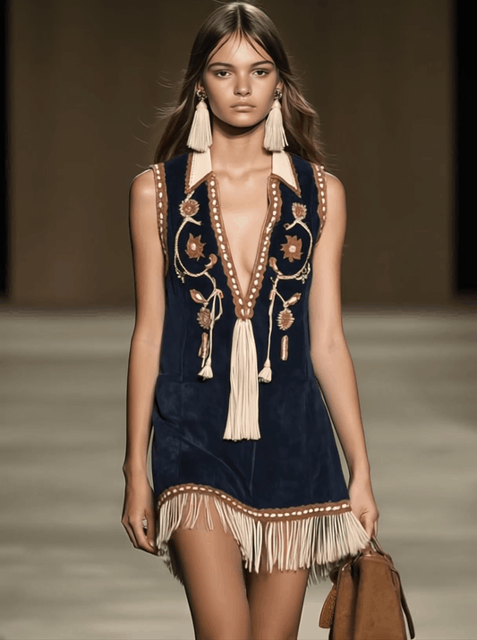 Western Retro Faux Suede Embroidered Tassel Sleeveless Mini Dress