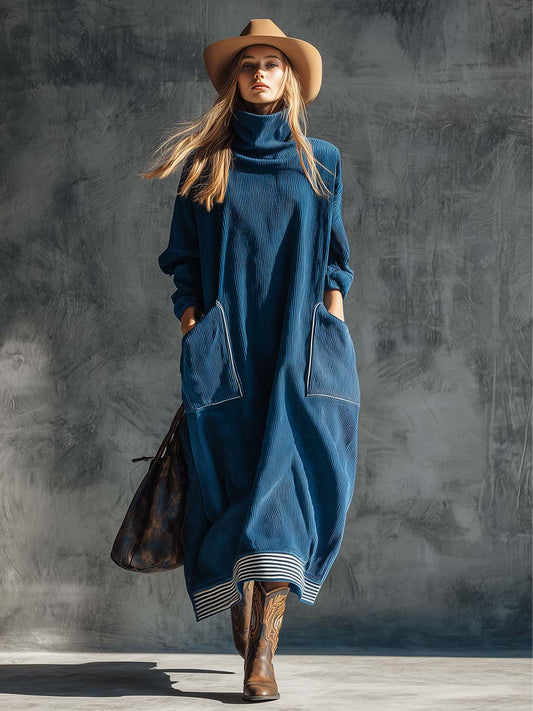 Casual Vintage High Collar Blue Corduroy Midi Dress With Pockets