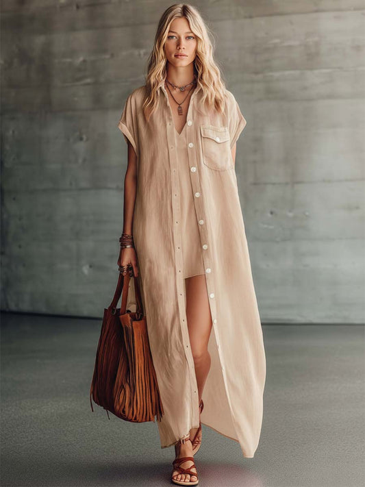 Pink Cotton Linen Camisole Mini Dress and Long Cover-Up Set