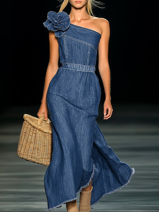 Elegant Strapless Denim Maxi Dress with 3D Floral Detail