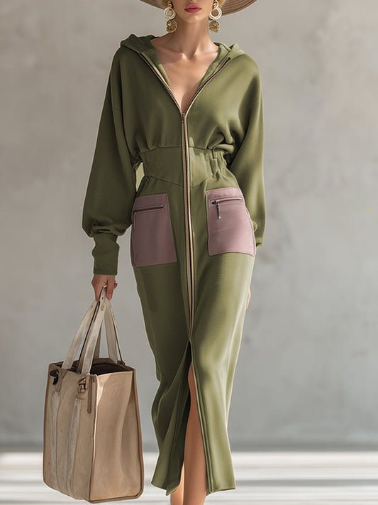 Elegant Olive Green Hooded Long Sleeve Zip-Up Maxi Sweatshirt Dress