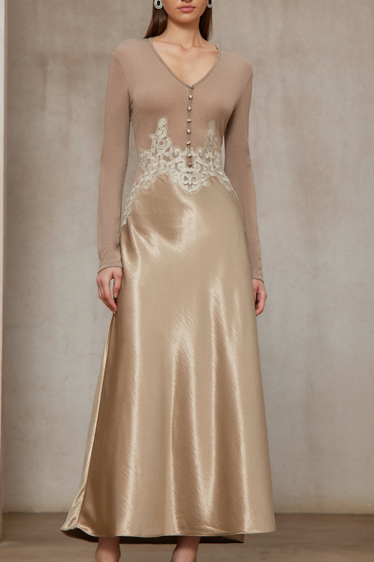 Szilvia Brown Knit Panel Satin V-Neck Long Sleeve Midi Dress