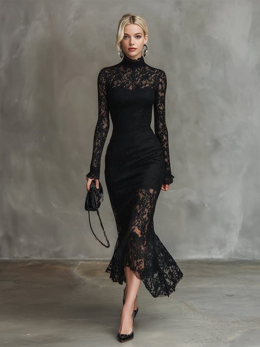 Elegant Black Stretch Lace Fishtail Maxi Dress for Formal Events