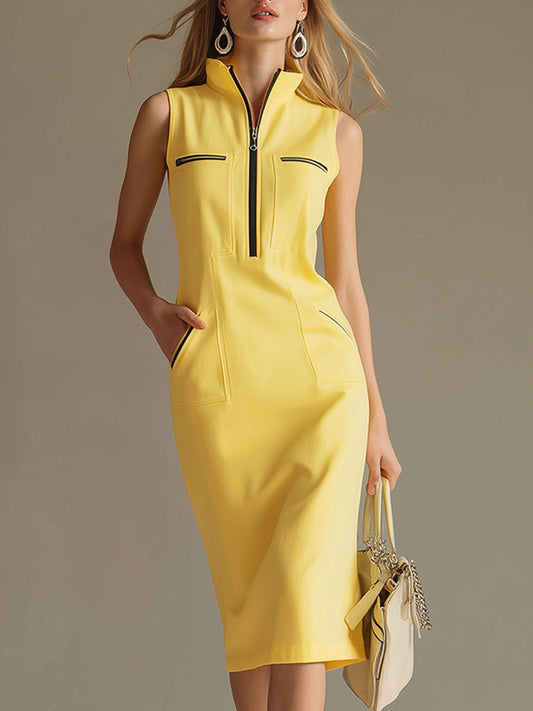 Vibrant Yellow Stand-Up Collar Sleeveless Midi Dress With Pockets