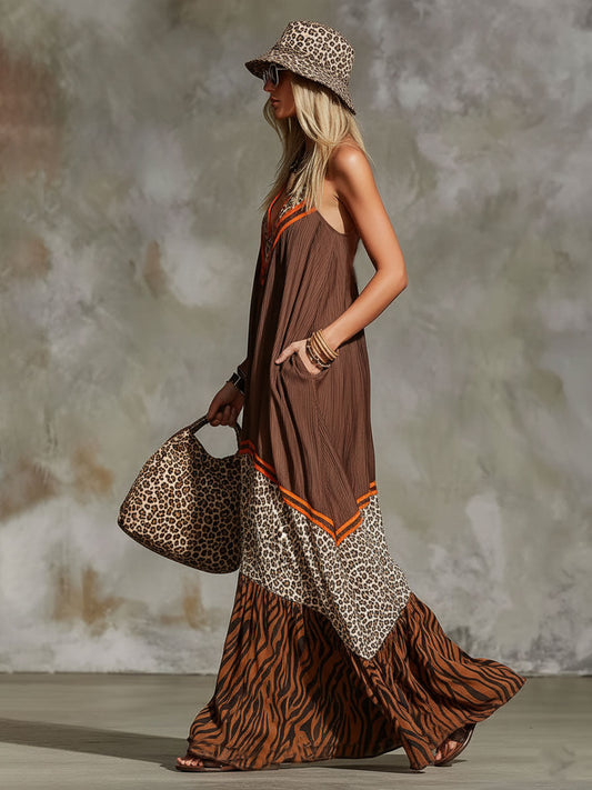 Retro V-Neck Color-Blocked Animal Print Chiffon Sleeveless Maxi Dress