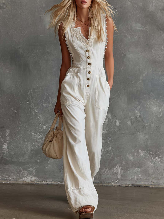 Elegant Vintage Western V-neck Lace Trim White Cotton Jumpsuit