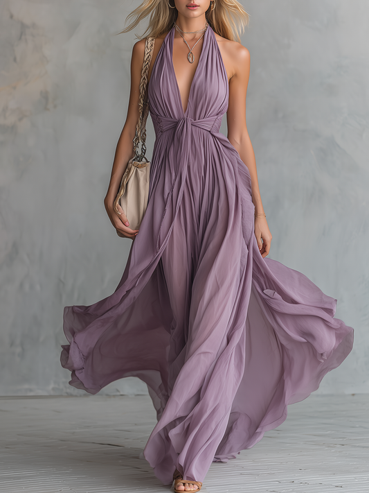 Elegant Halter Neck Sleeveless Chiffon Maxi Dress For Summer Parties