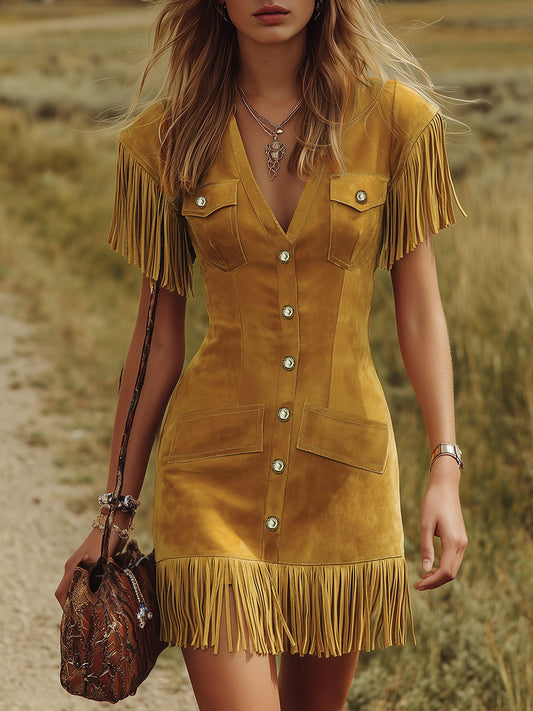 Western Style Vintage V-Neck Fringed Faux Suede Mini Dress Yellow