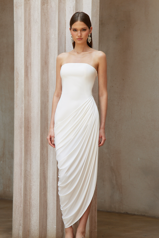 Wanda White Asymmetrical Ruched Midi Dress with Side Slit