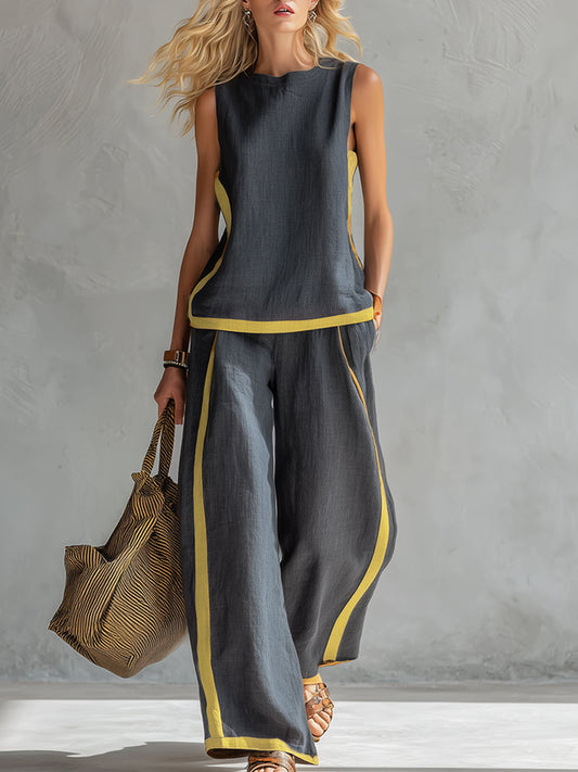 Elegant Two-Tone Gray Cotton Linen Vest and Pants Set