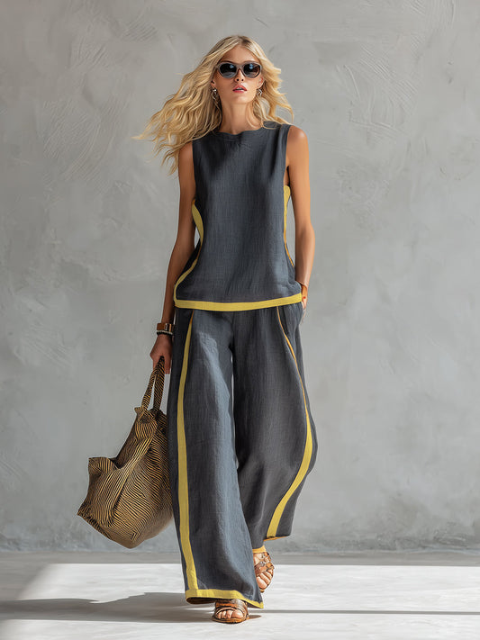 Elegant Two-Tone Gray Cotton Linen Vest and Pants Set