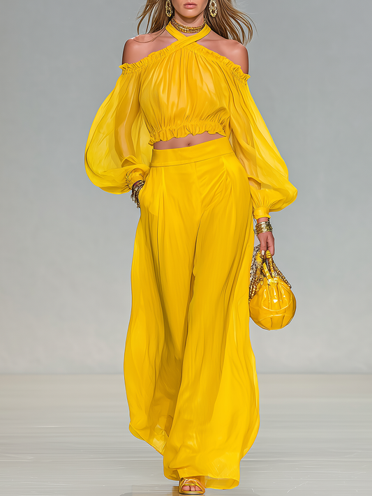 Elegant Urban Halter-Neck Chiffon Top And Wide-Leg Pants Set