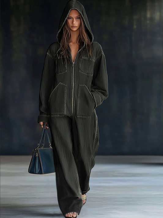 Casual Loose Retro Pocket Long Sleeve Hooded Denim Jumpsuit