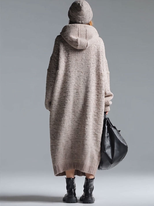 Retro Floral Gray Hooded Knitted Midi Dress with Pockets