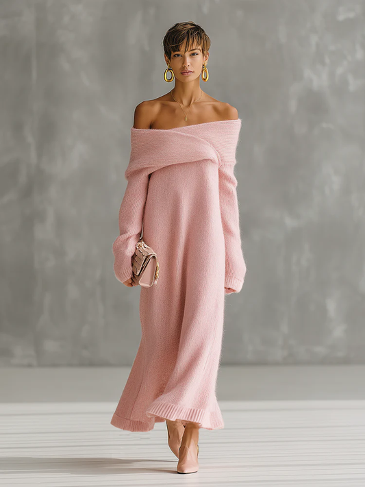 Pink Mohair One-Shoulder Loose Fit Maxi Dress for Women