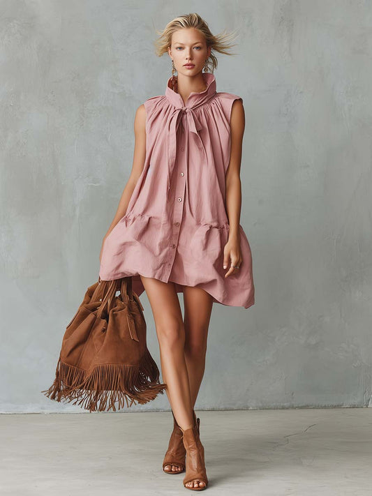 Elegant Pink Cotton-Linen Mini Dress with Bubble Hem Details