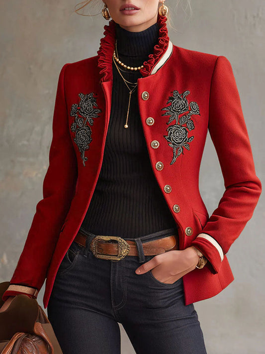 Ruffled Stand-Up Collar Embroidered Rose Jacket in Red or Pink