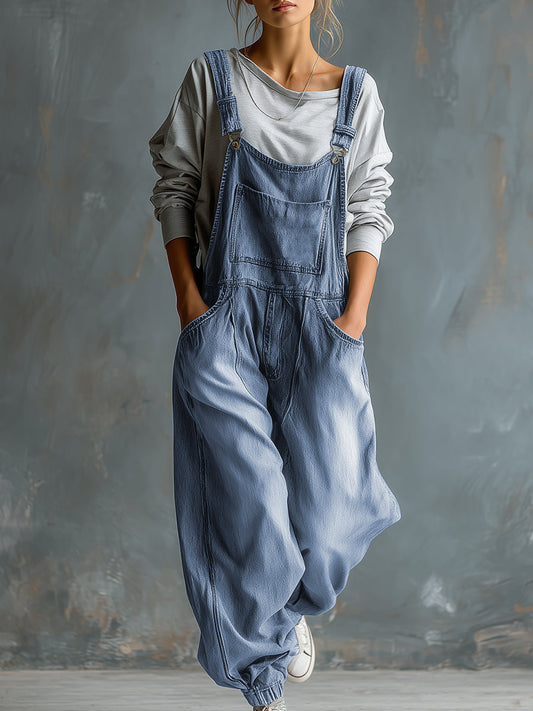 Retro Washed Blue Denim Overalls with Adjustable Straps and Pockets
