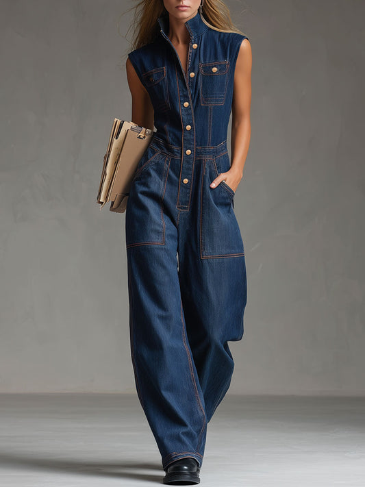 Retro Multi-pocket Topstitching Dark Blue Denim Sleeveless Balloon Jumpsuit