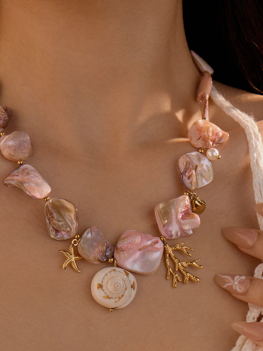 Coastal Chic Pink Shell Coral Stainless Steel Statement Necklace