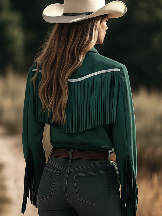 Bohemian Retro Dark Green Suede Shirt with Tassel Lapel Detail