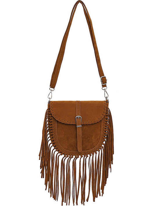 Vintage Bohemian Suede Shoulder Bag with Decorative Tassel Accents