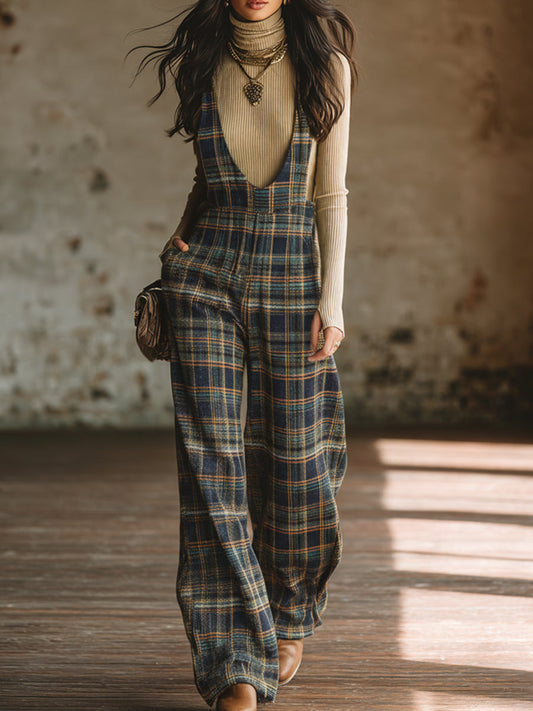 Classic Blue Plaid Wide-Leg Overalls with Side Button Detail