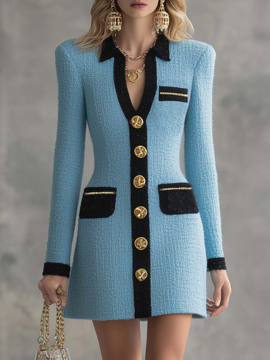 Sky Blue Tweed Mini Dress with V-neck and Black Trim