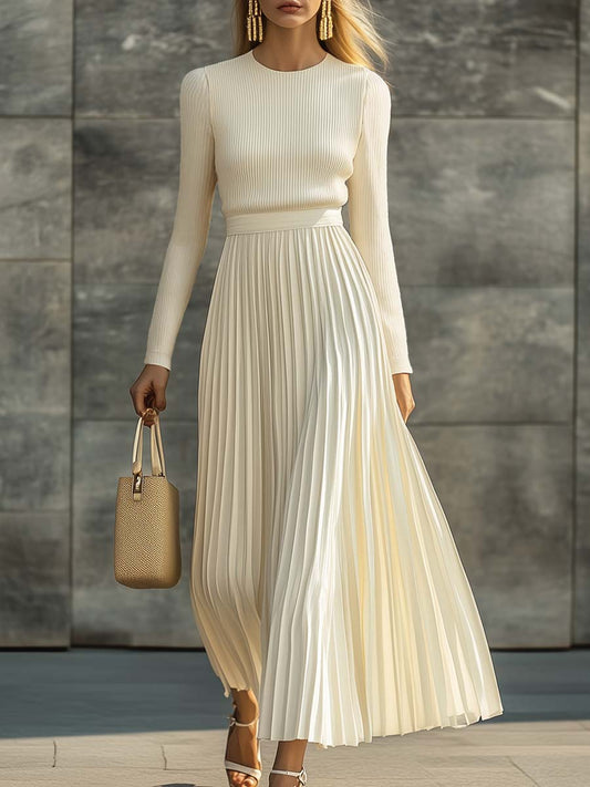 Elegant Long Sleeve Knitted Satin Pleated Hem Casual Maxi Dress