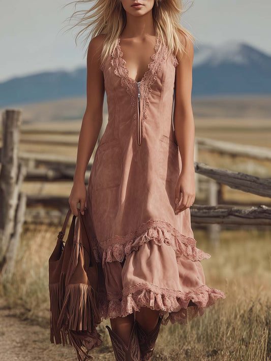 Vintage Western Faux Suede Midi Dress with Lace and Ruffles