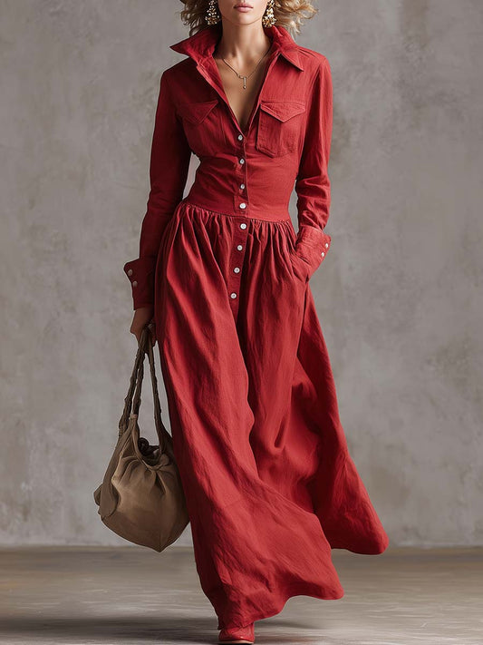 Retro Western Lapel Button Down Cotton Linen Maxi Dress