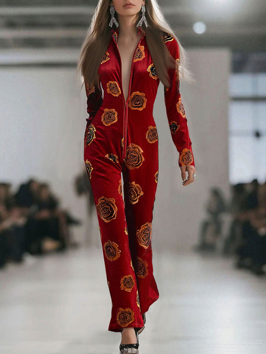 Retro Red Velvet Gold Rose Print Long Sleeve Zipper Jumpsuit