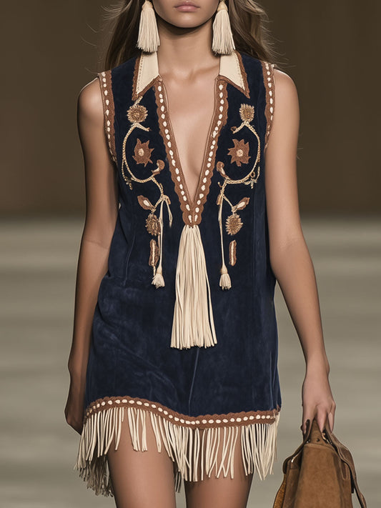 Western Retro Faux Suede Embroidered Tassel Sleeveless Mini Dress