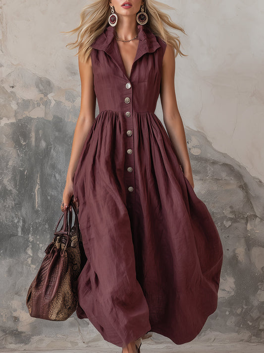 Elegant Zinfandel Cotton Linen Sleeveless A-Line Maxi Dress