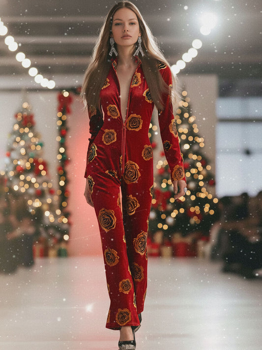 Retro Red Velvet Gold Rose Print Long Sleeve Zipper Jumpsuit